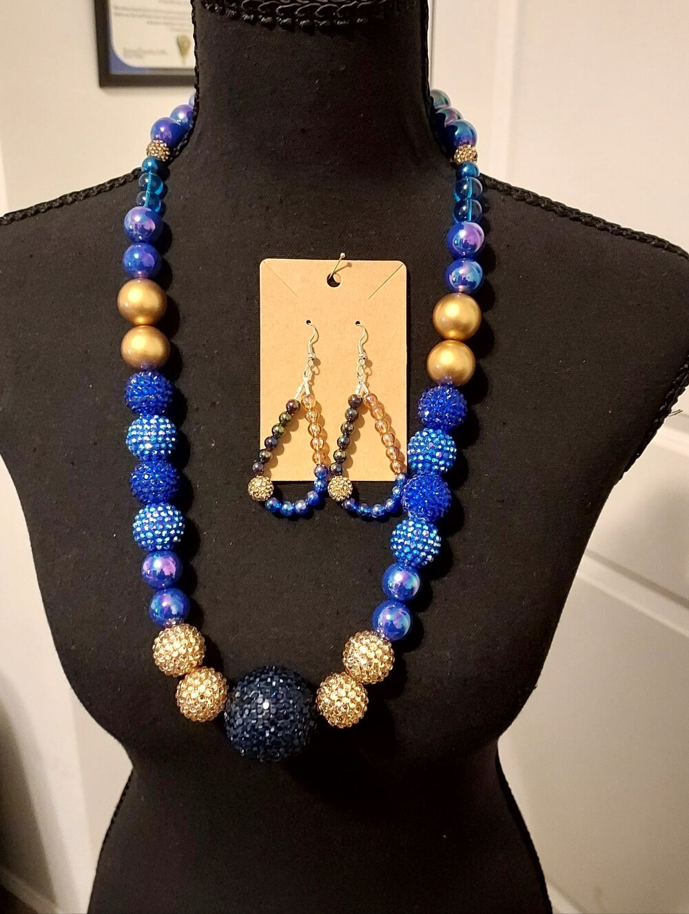 Elegant Blue and Gold Beaded Necklace & Earring Set